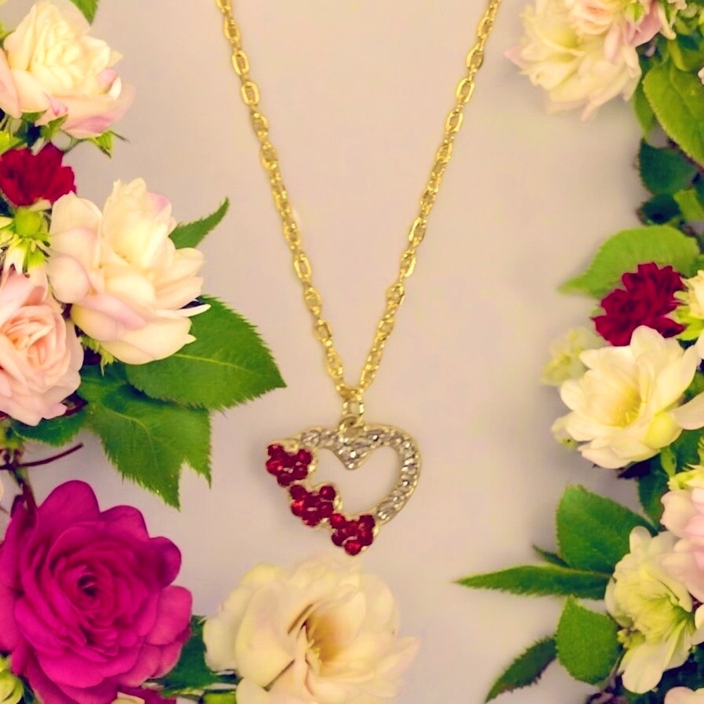 Heart Red & Clear Crystal & Gold Plated Necklace Hearts, Love, & Valentine - Picture 3 of 5